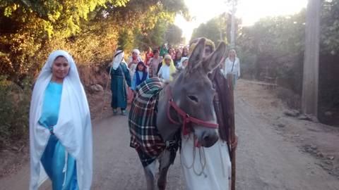 Un grupo de personas vestidas con trajes tradicionales caminan por un camino rural, acompañados de un burro que lleva una manta en su lomo.