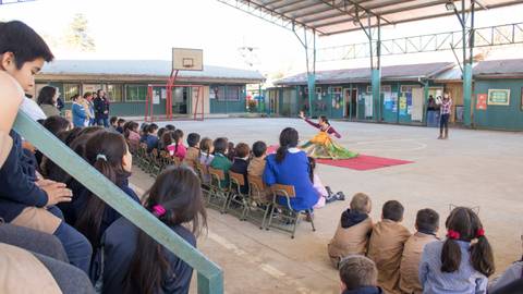 Un grupo de estudiantes observa una actuación en un patio escolar.