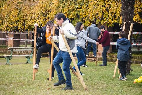 Un grupo de personas jugando en un parque con zancos.