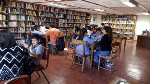 Un grupo de estudiantes y adultos leen y estudian en una biblioteca con estanterías llenas de libros.