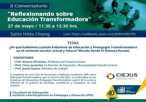 Un banner promocional para un conversatorio sobre educación transformadora con detalles del evento.