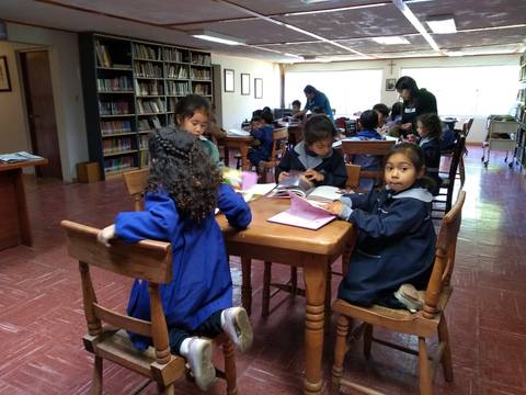 Un grupo de niños y niñas se encuentra estudiando y leyendo en una biblioteca.