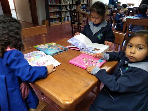 Niños leyendo libros en una biblioteca.