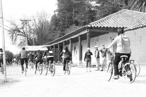 Un grupo de ciclistas recorre una calle con edificios antiguos y vegetación al fondo.