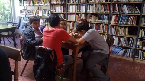 Un grupo de jóvenes se encuentra reunido en una biblioteca, trabajando en una mesa entre libros.