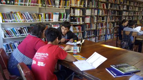 Grupo de personas estudiando y colaborando en una biblioteca.