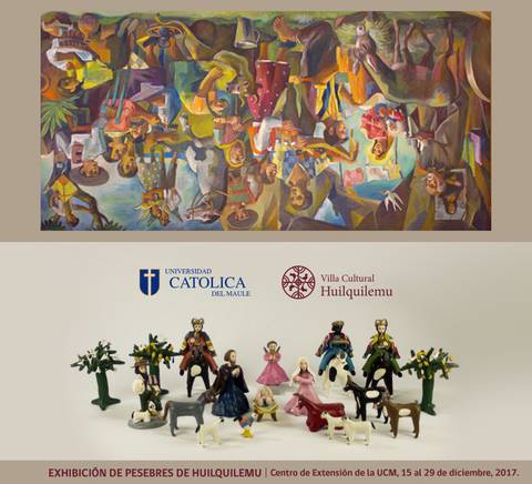 La imagen muestra una exhibición de pesebres de Huilquilemu con esculturas y una pintura en el fondo.