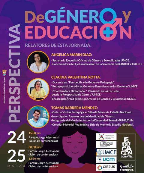 Un cartel que presenta una jornada sobre género y educación con varios relatores y fechas específicas.