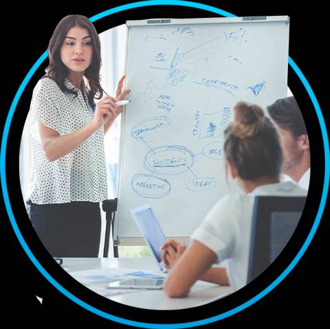 Una mujer presenta ideas en una pizarra en una reunión de trabajo.