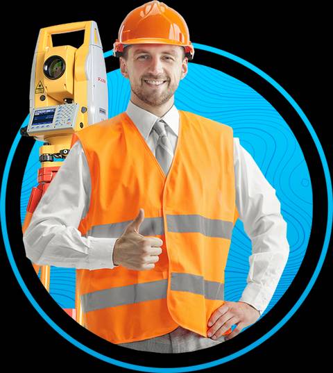 Un hombre vestido con chaleco y casco de seguridad sonríe y hace un gesto de pulgar hacia arriba junto a un equipo de medición topográfica.