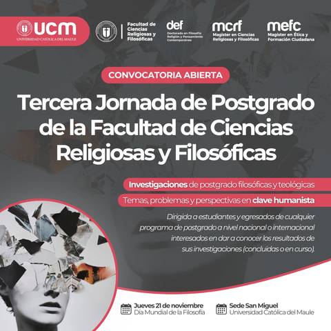 Anuncio de la Tercera Jornada de Postgrado de la Facultad de Ciencias Religiosas y Filosóficas de la Universidad Católica del Maule.