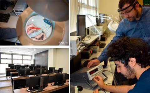La imagen muestra un laboratorio con estudiantes trabajando en proyectos técnicos y un aula equipada con computadores.