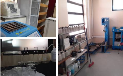 La imagen muestra un laboratorio equipado con instrumentos y materiales de ciencia.