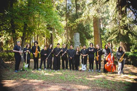 Un grupo de músicos en un bosque, vestidos de negro, sosteniendo diversos instrumentos musicales.