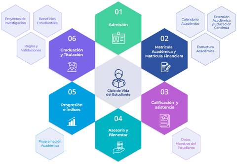 Imagen que representa el ciclo de vida del estudiante con diversas áreas temáticas relacionadas con la educación.