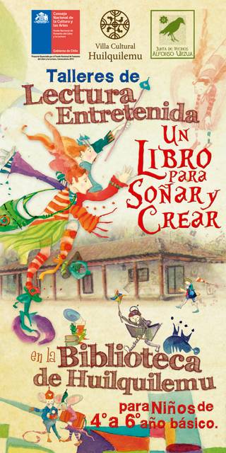 Un cartel que promociona talleres de lectura divertidos para niños en la Biblioteca de Huilquemmu.