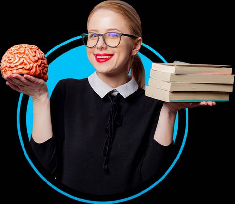 Una mujer sonriente sostiene un cerebro en una mano y una pila de libros en la otra.
