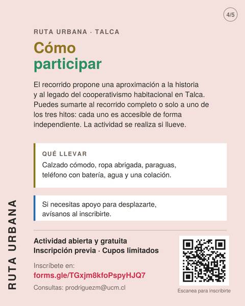 Este es un afiche que invita a participar en un recorrido cultural en Talca sobre el cooperativismo habitacional.