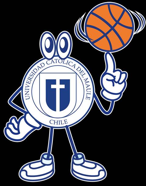 Un personaje animado sostiene un balón de baloncesto con el logotipo de la Universidad Católica del Maule en su cuerpo.