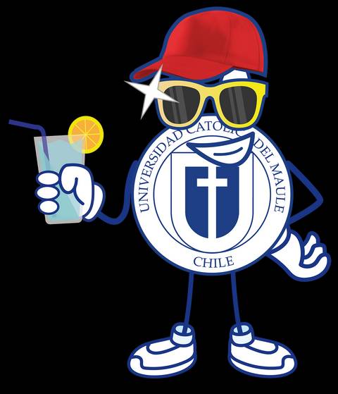 Un personaje animado con gafas de sol y gorra, sosteniendo un vaso de bebida, representa a la Universidad Católica del Maule en Chile.