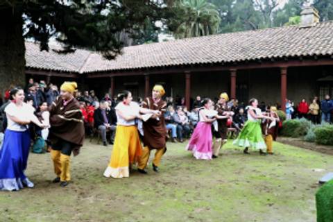 Un grupo de personas bailando en un evento al aire libre con espectadores en un fondo verde.