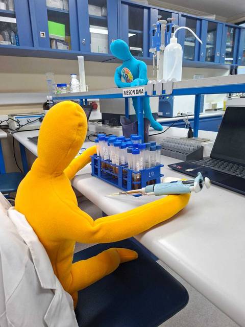 En el laboratorio, unas figuras de colores están trabajando con tubos de ensayo.