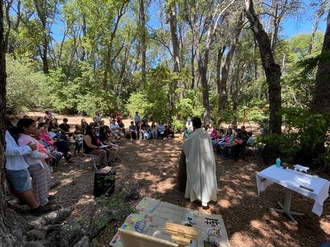 Una ceremonia al aire libre en un bosque con un grupo de personas sentadas que escucha atentamente.