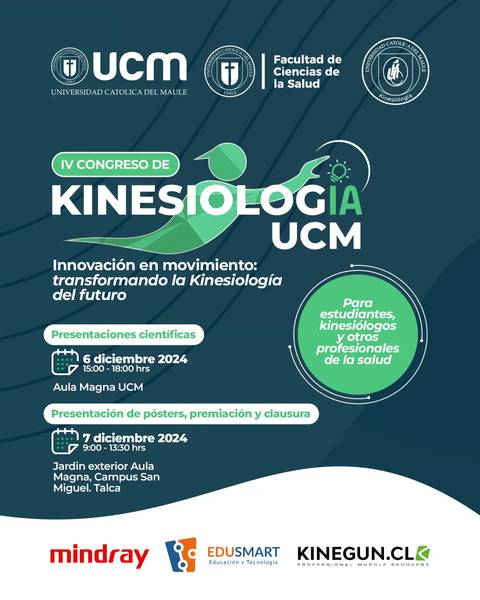 Cartel anunciador del IV Congreso de Kinesiología de la Universidad Católica del Maule que destaca la innovación en el movimiento y la transformación de la kinesiología del futuro.