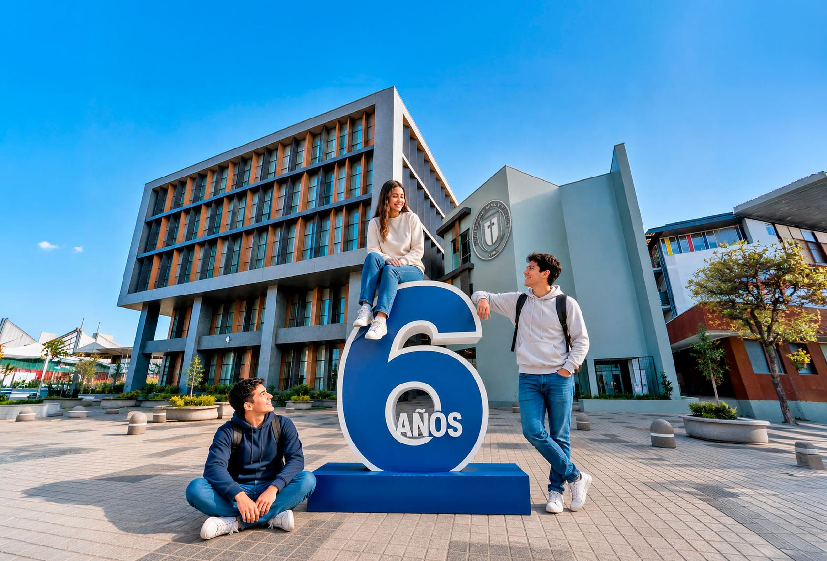 Un grupo de tres jóvenes posando junto a un gran número 6 en un soleado día en el campus universitario.