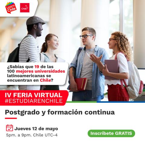 La imagen promociona una feria virtual sobre educación en Chile, destacando la presencia de universidades latinoamericanas.