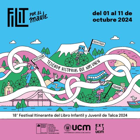 La imagen promociona el Festival Itinerante del Libro Infantil y Juvenil de Talca 2024, destacando su temática de identidad y creatividad.