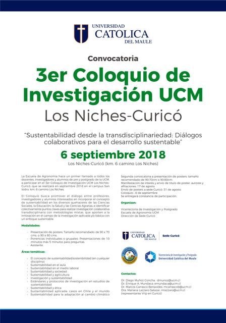 Convocatoria para el 3er Coloquio de Investigación UCM en Los Niches-Curicó sobre sostenibilidad y desarrollo sustentable.