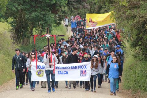 Un grupo numeroso de jóvenes marcha por un camino rural sosteniendo pancartas y un crucifijo.