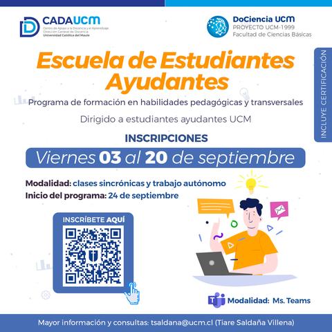Anuncio sobre la Escuela de Estudiantes Ayudantes con fechas de inscripción y modalidades de clases.