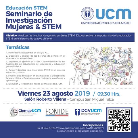 El cartel promocional del Seminario de Investigación sobre Mujeres y STEM en la Universidad Católica del Maule.