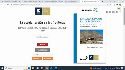 La imagen muestra un libro titulado 'La escolarización en las fronteras' con un diseño que incluye una fotografía de una construcción en un paisaje montañoso.
