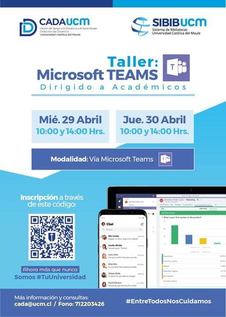 Anuncio de un taller sobre Microsoft Teams dirigido a académicos en la Universidad Católica del Maule.