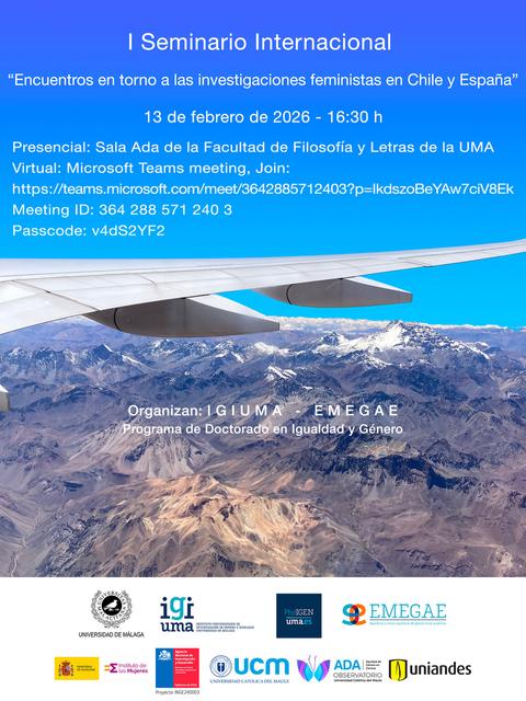 Anuncio de un seminario internacional sobre investigaciones feministas en Chile y España.