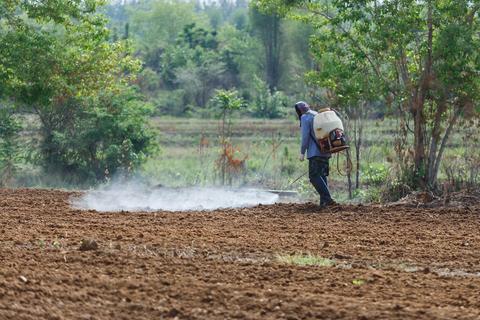 Un agricultor aplicando pesticidas en un campo recién cultivado.