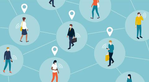 La imagen muestra personas interactuando en un entorno urbano con elementos que sugieren conectividad y comunicación.