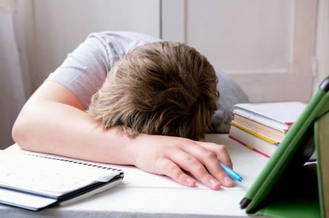 Un niño se encuentra agotado con la cabeza apoyada sobre una mesa llena de libros y cuadernos.