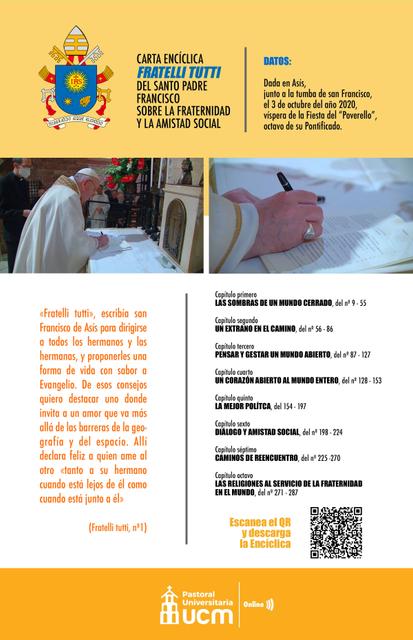 Imagen de la carta encíclica Fratelli Tutti del Papa Francisco sobre la fraternidad y la amistad social.