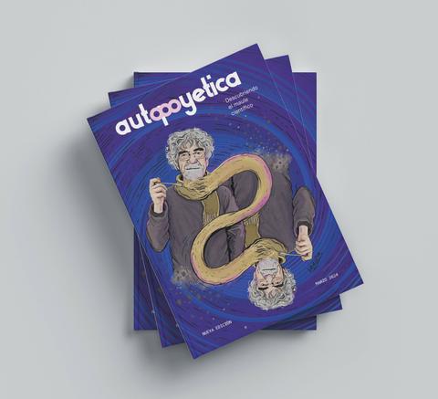La imagen muestra varias copias de una revista titulada 'autopoyetica' con un diseño colorido y un personaje en la portada.