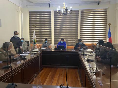 Una reunión de trabajo en una sala con varias personas sentadas alrededor de una mesa, usando mascarillas y con banderas visibles.
