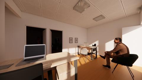 Una oficina moderna y minimalista con un hombre sentado y una computadora portátil en la mesa.