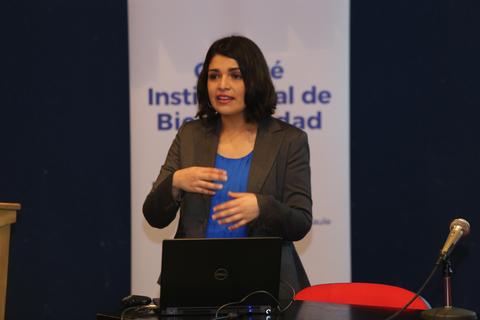 Una mujer presenta un tema en una conferencia, mostrando entusiasmo y gesticulando.