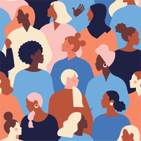 La imagen presenta un collage de diversas siluetas de mujeres con diferentes estilos de cabello y colores de piel en un fondo colorido.