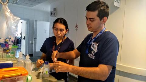Dos profesionales de la salud trabajan en una mesa con materiales médicos.
