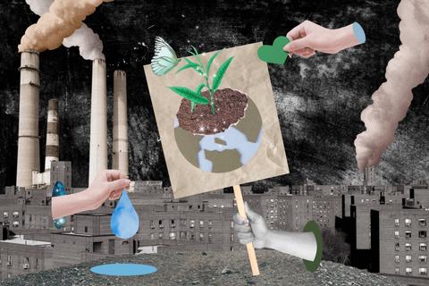 Una representación gráfica que muestra la lucha por el medio ambiente en un entorno industrial contaminado.