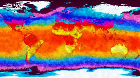 Mapa del mundo que muestra la temperatura superficial del océano en una gama de colores vibrantes.